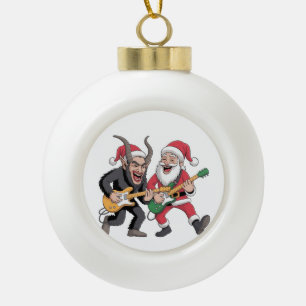 Krampus and Santa Playing Guitar Electric Xmas Ceramic Ball Christmas Ornament