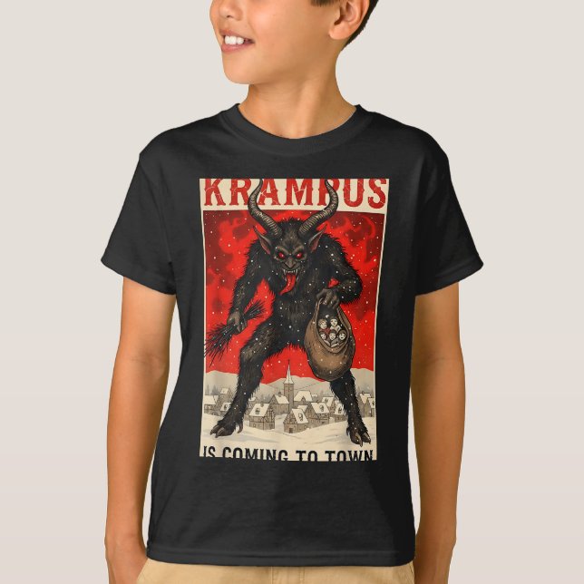 Krampus Is Coming To Town Christmas Horror Holiday T-Shirt (Front)