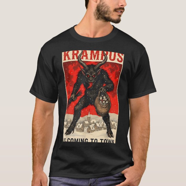 Krampus Is Coming To Town Christmas Horror Holiday T-Shirt (Front)