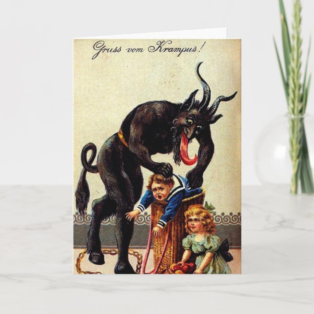 Krampus Kids in Basket Holiday Xmas Greeting Card (Front)