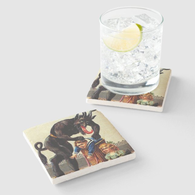 Krampus Kids in Basket Holiday Xmas Stone Coaster (Side)