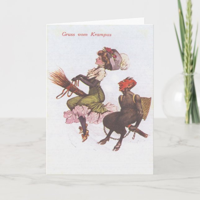 Krampus On Broom With Woman Holiday Card (Front)