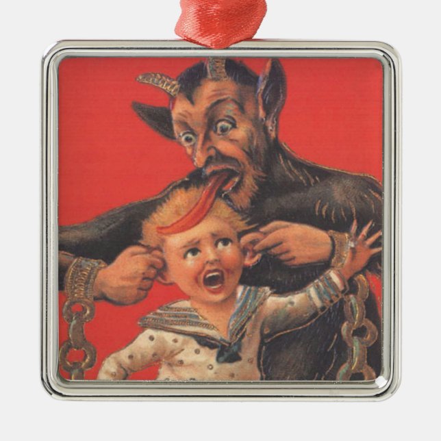 Krampus Punishing Little Boy Ear Metal Tree Decoration (Front)