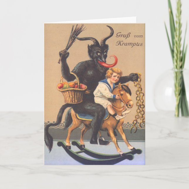 Krampus Riding Hobbyhorse With Boy Holiday Card (Front)