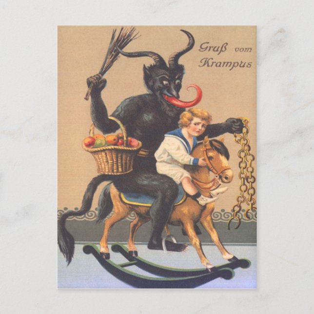 Krampus Riding Hobbyhorse With Boy Postcard (Front)