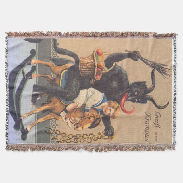 Krampus Riding Hobbyhorse With Boy Throw Blanket (Front)
