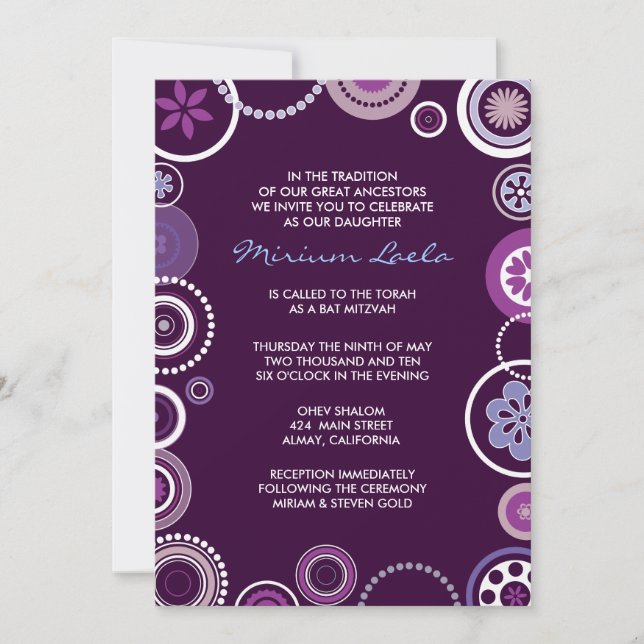 KRAZY POLKA DOT  Bat Mitzvah Invitation Purple (Front)
