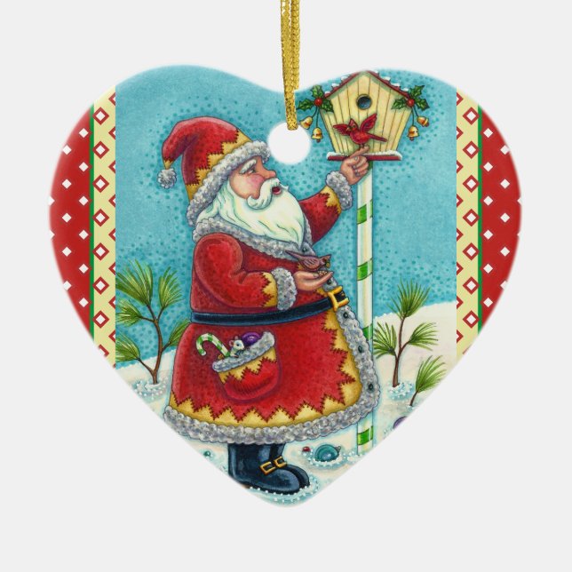 KRIS KRINGLE FEEDING REDBIRDS, CHRISTMAS BIRDHOUS CERAMIC TREE DECORATION (Front)