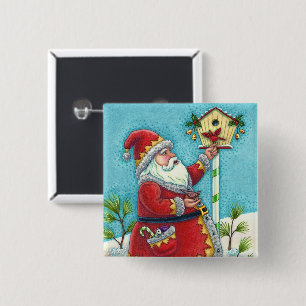 KRIS KRINGLE FEEDING REDBIRDS, CHRISTMAS BIRDHOUSE 15 CM SQUARE BADGE