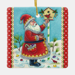 KRIS KRINGLE FEEDING REDBIRDS, CHRISTMAS BIRDHOUSE CERAMIC ORNAMENT