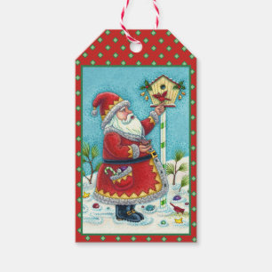KRIS KRINGLE FEEDING REDBIRDS, CHRISTMAS BIRDHOUSE GIFT TAGS