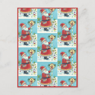 KRIS KRINGLE FEEDING REDBIRDS, CHRISTMAS BIRDHOUSE HOLIDAY POSTCARD