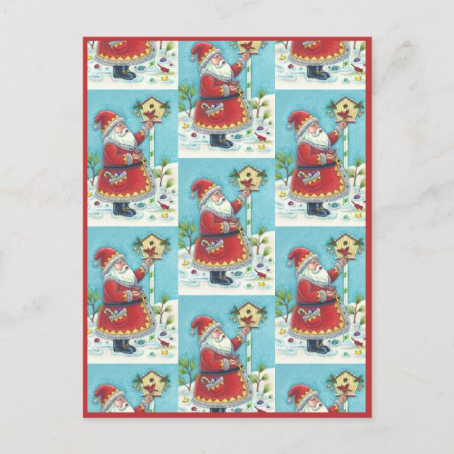 KRIS KRINGLE FEEDING REDBIRDS, CHRISTMAS BIRDHOUSE HOLIDAY POSTCARD (Front)