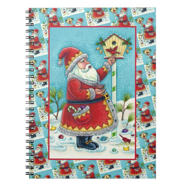 KRIS KRINGLE FEEDING REDBIRDS, CHRISTMAS BIRDHOUSE NOTEBOOK (Front)