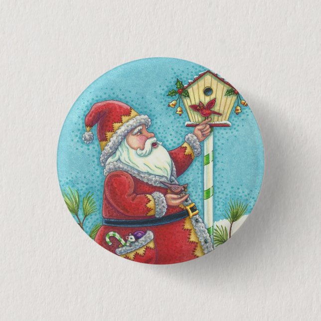 KRIS KRINGLE REDBIRDS, CHRISTMAS BIRDHOUSE BUTTON (Front)