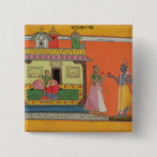 Krishna arriving at Radha's house, illustration fr 15 Cm Square Badge