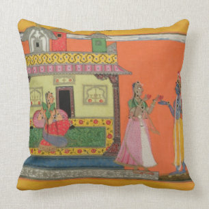 Krishna arriving at Radha's house, illustration fr Cushion
