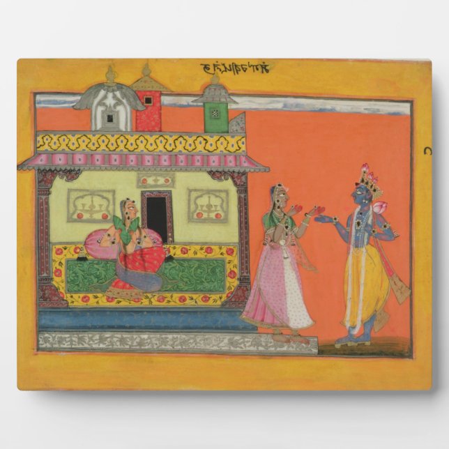 Krishna arriving at Radha's house, illustration fr Plaque (Front)