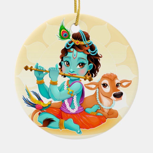 Krishna Indian God playing flute illustration Ceramic Tree Decoration (Front)