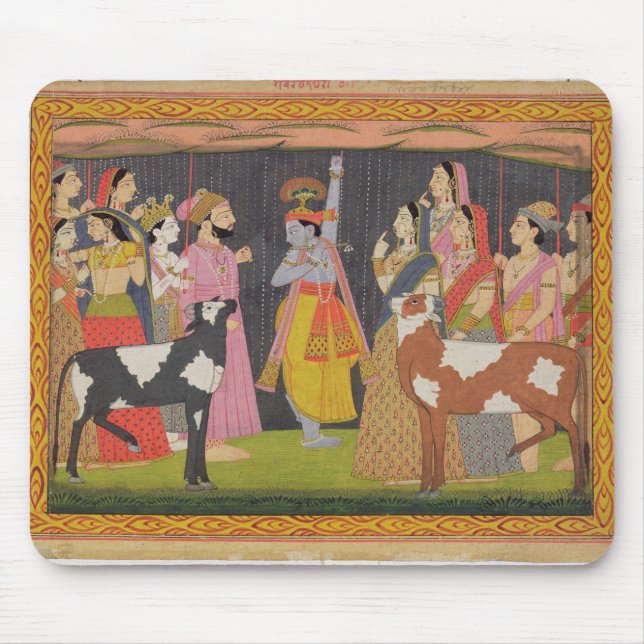 Krishna lifting Mount Govardhana, from the 'Bhagav Mouse Pad (Front)