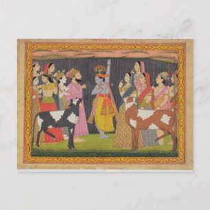 Krishna lifting Mount Govardhana, from the 'Bhagav Postcard