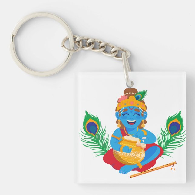 Krishna with butter pot peacock feather  key ring (Front)