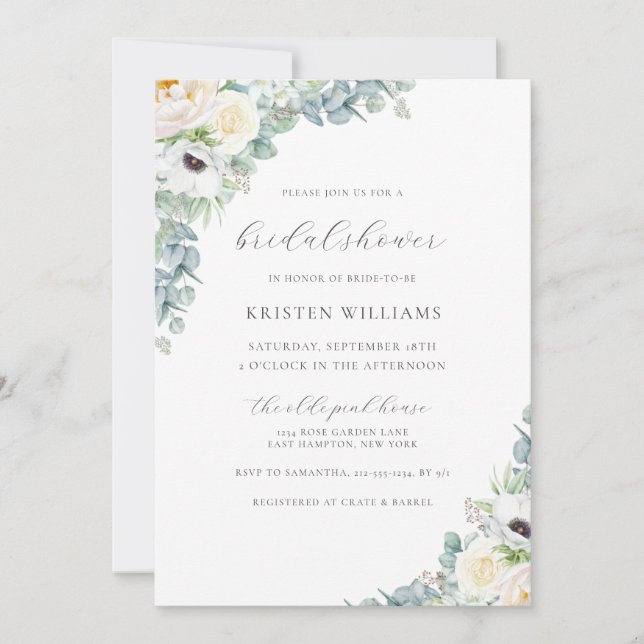 Kristen Boho White Floral & Greenery Bridal Shower Invitation (Front)