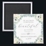 Kristen Christian Wedding Favors Bible Verse Magnet<br><div class="desc">Add a spiritual touch to your wedding favors with these elegant, Christian wedding favor magnets featuring a beautiful wreath of exquisitely hand painted, white watercolor flowers and eucalyptus greenery and the Bible verse "He has made everything beautiful in its time" (Ecclesiastes 3:11). To reposition elements or change fonts and text...</div>