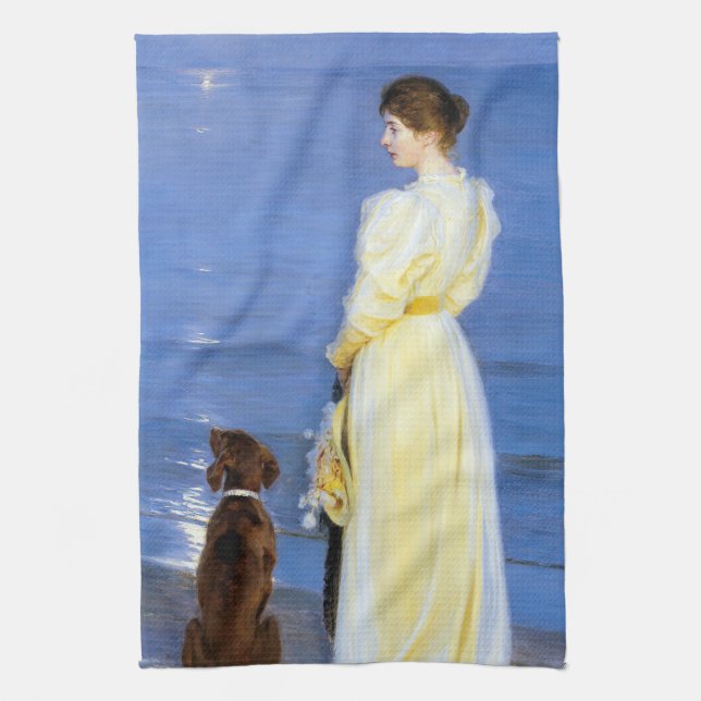 Kroyer - The Artist's Wife and Dog by the Shore Tea Towel (Vertical)