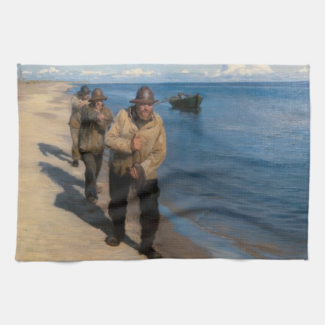 Kroyer - Three Fishermen Pulling a Boat Tea Towel (Horizontal)