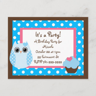 KRW Brown & Blue Polka Dot Owl Birthday Invitation