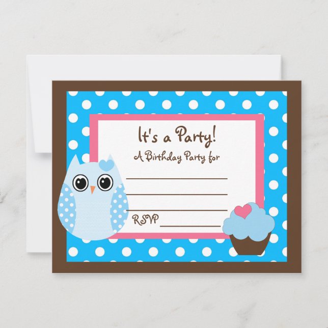 KRW Brown & Blue Polka Dot Owl Blank Party Invite (Front)