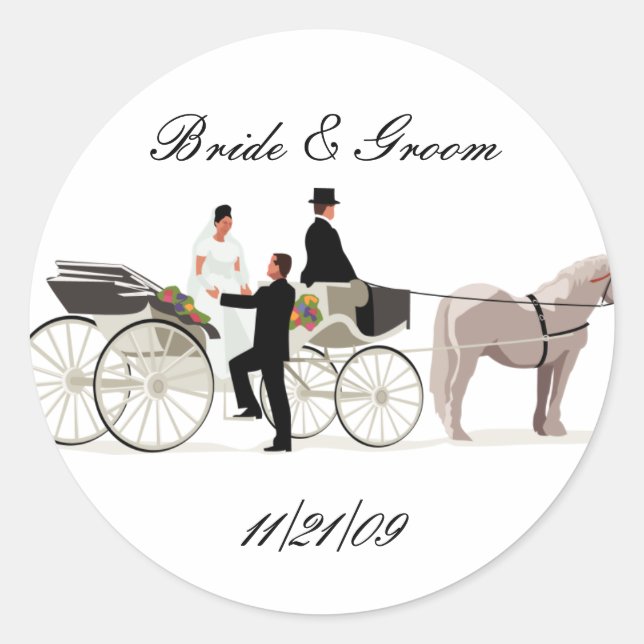 KRW Custom Elegant Horse Drawn Carriage Wedding Classic Round Sticker (Front)