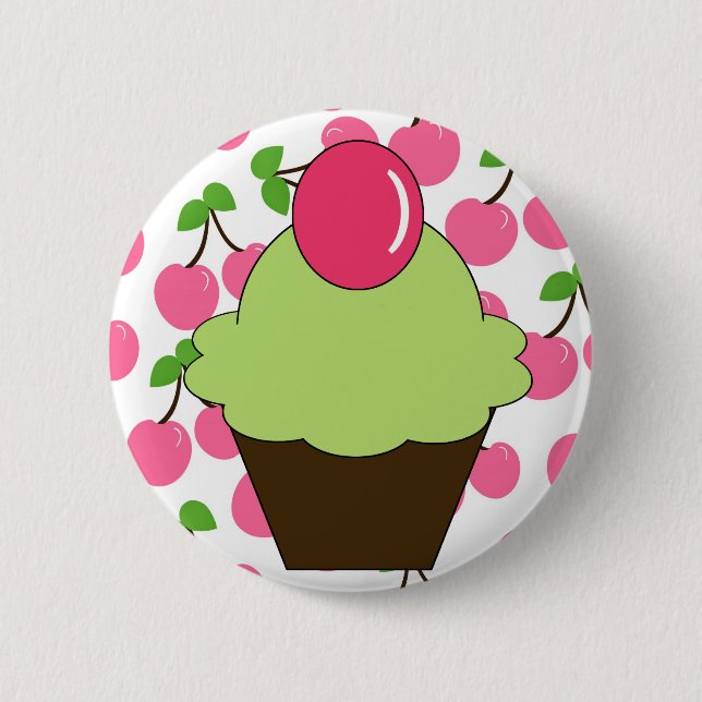 KRW Fun Green Cupcake with Cherries 6 Cm Round Badge (Front)