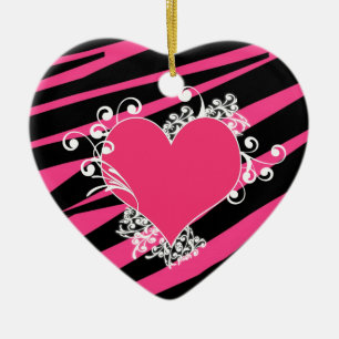 KRW Heart and Swirls Zebra Black and Pink Keepsake Ceramic Tree Decoration