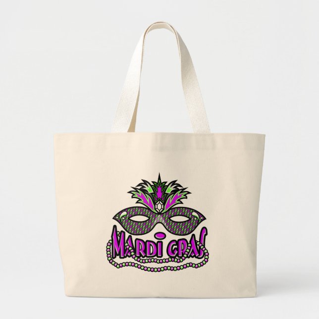 KRW Mardi Gras Mask and Beads Large Tote Bag (Front)