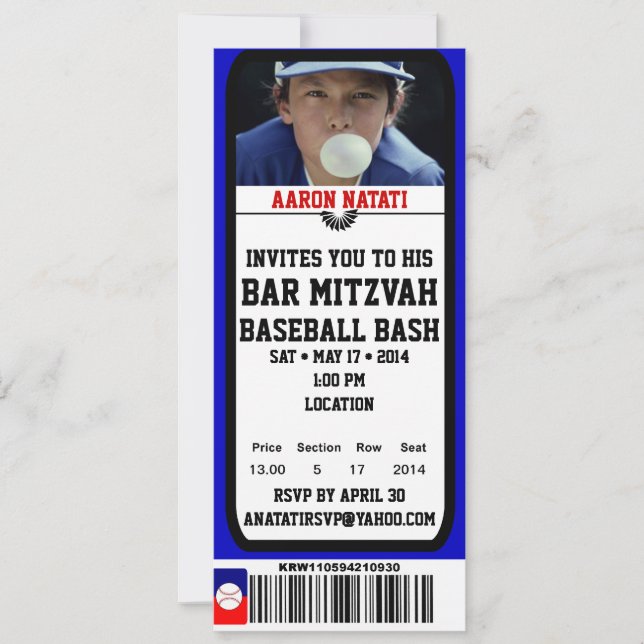 KRW Photo Baseball Bar Mitzvah Ticket Invitation (Front)