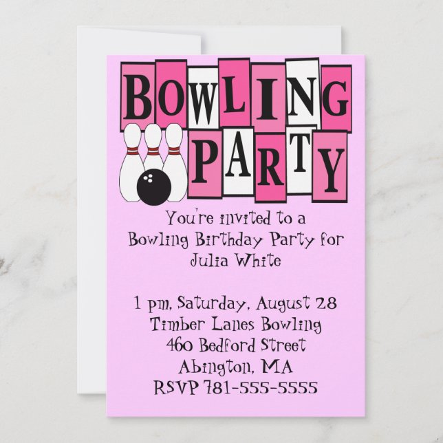 KRW Pink Bowling Birthday Party Invitation (Front)