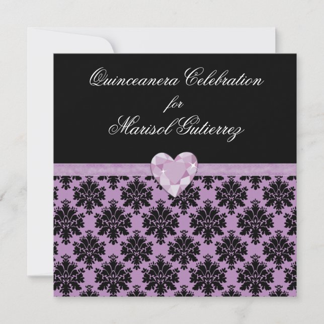 KRW Purple Jewel Heart Quinceanera Invitation (Front)