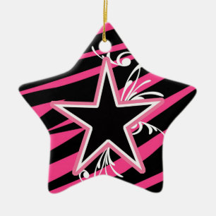 KRW Star and Swirls Zebra Black and Pink Keepsake Ceramic Tree Decoration