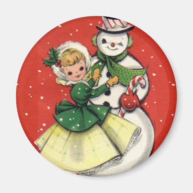KRW Vintage Girl and Snowman Christmas Magnet (Front)