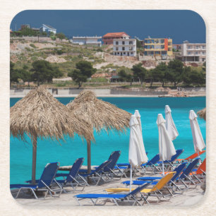 Ksamil, town beachfront square paper coaster