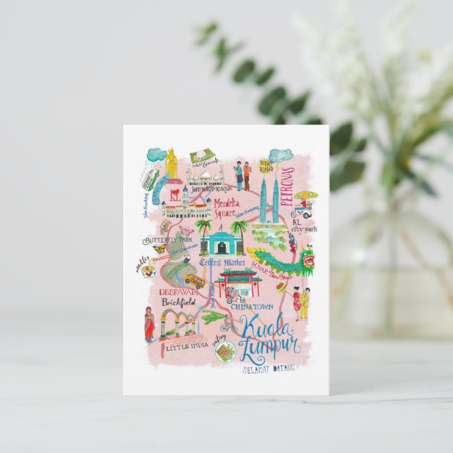 Kuala Lumpur illustrative travel map Postcard (Standing Front)