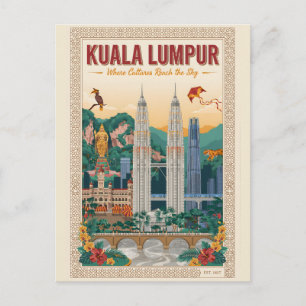 Kuala Lumpur Malaysia Retro Travel Poster Art Postcard