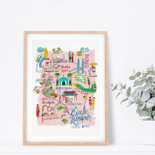 Kuala Lumpur pink illustrative travel map Poster