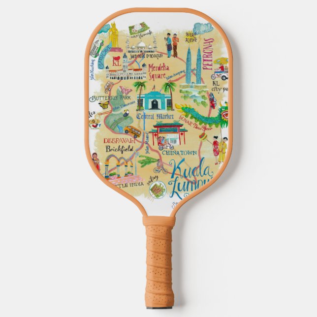 Kuala Lumpur yellow illustrative travel map Pickleball Paddle (Front)