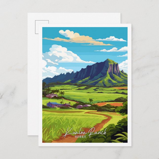 Kualoa Ranch Hawaii vintage travel illustration Postcard (Front/Back)