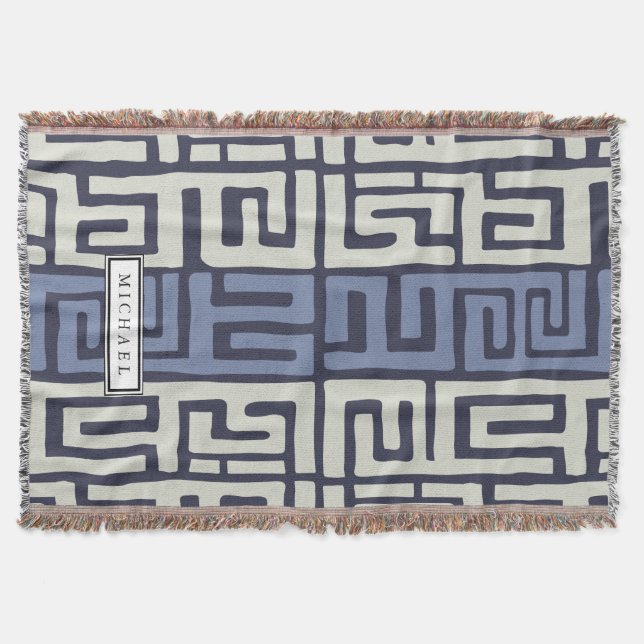 Kuba Cloth Inspired Cool Earth Colours Customised Throw Blanket (Front)