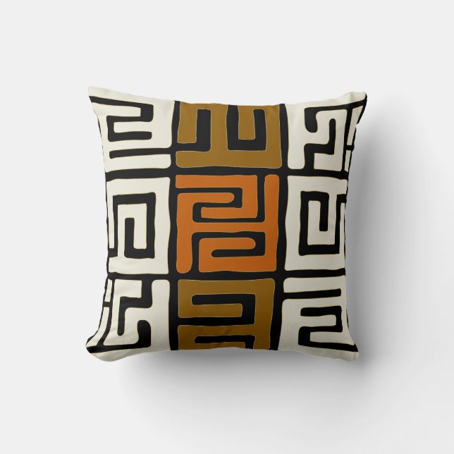 Kuba Cloth Inspired Earth Colours Geometric Cushion (Front)