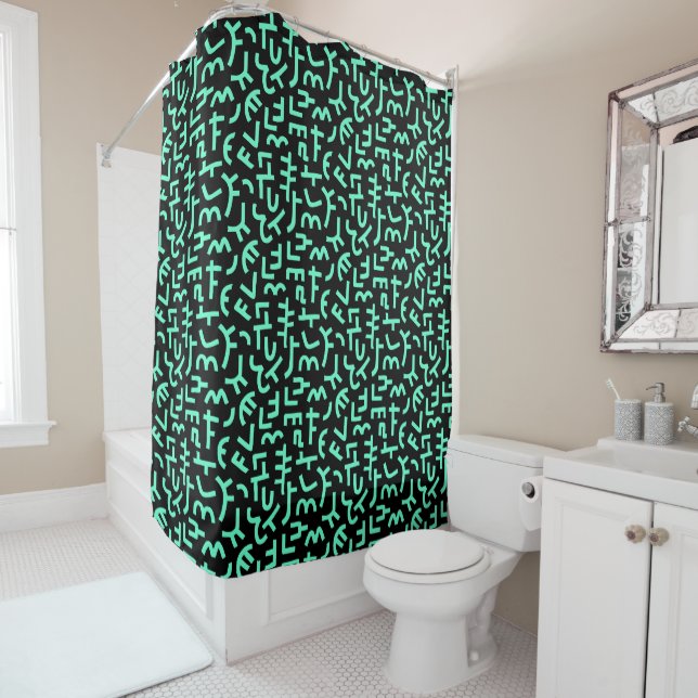 Kuba Style Pattern 121019 - Turquoise on Black Shower Curtain (In Situ)